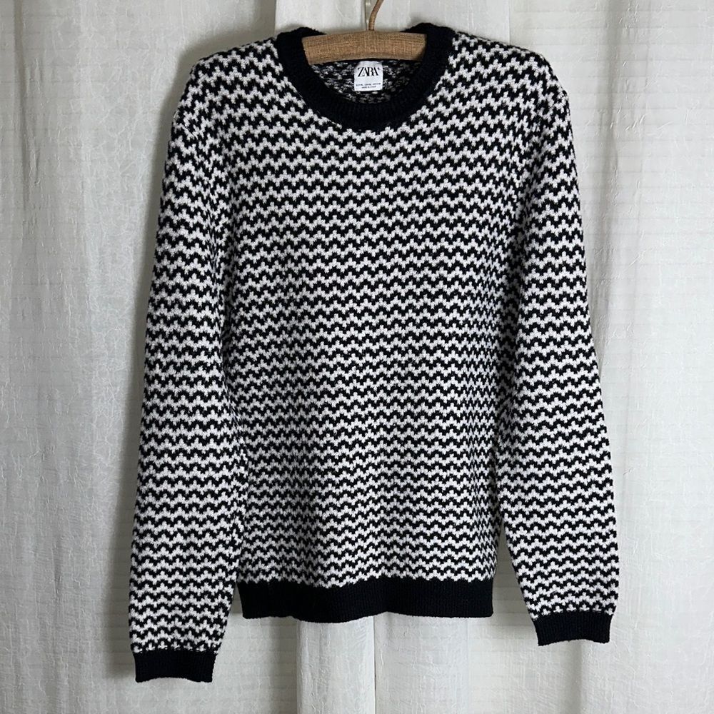 ZARA XL Men’s Black White Zig Zag Knit Crewneck Pullover Sweater